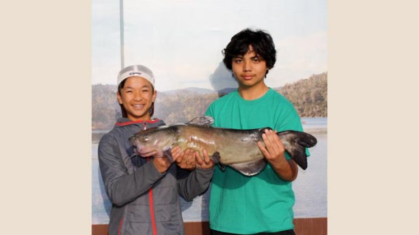 Gabe and Tai from Alameda with their 14-pound, 12-ounce catfish caught from shore in front of their campsite on PowerBait. 