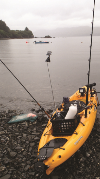 From this perspective, almost everything else on this kayak the author borrowed on an Alaskan fishing trip is secondary to the 480x480-resolution color fishfinder rigged in front of the angler’s seat. (MARK VEARY)
