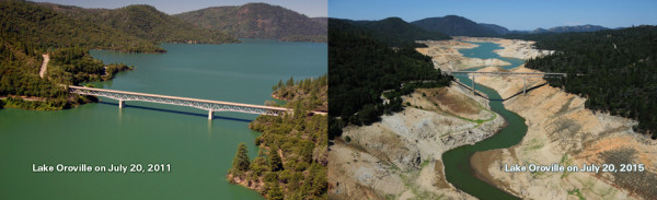 Lake Oroville before and after. (CALIFORNIA DEPARTMENT OF WATER RESOURCES) 