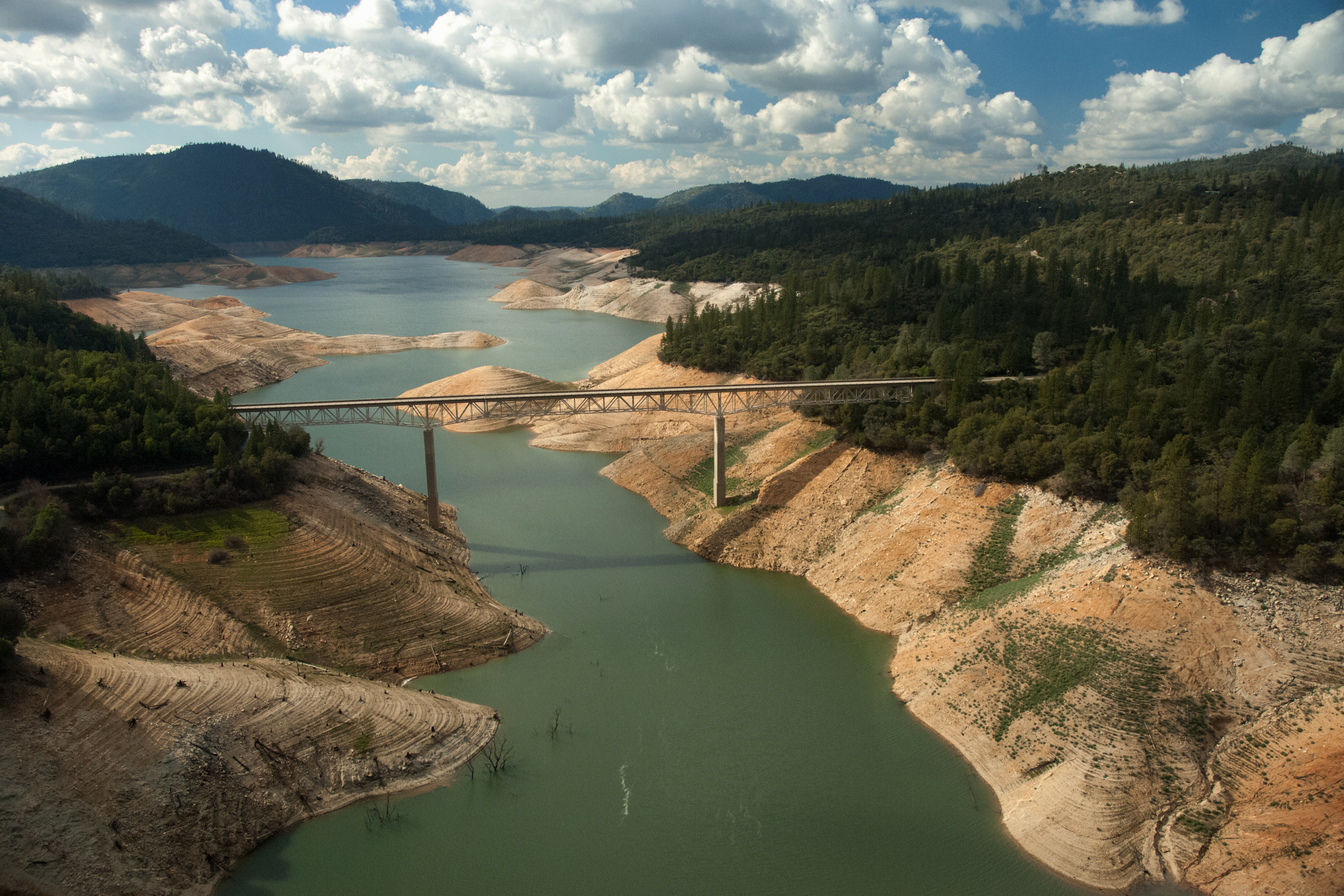 This March 2, 2015 photo of Lake Oroville shows how the drought affected the lake's water level. But the recent surge of rain has risen the lake level significantly. (PAUL HAMES/DEPARTMENT OF WATER RESOURCES