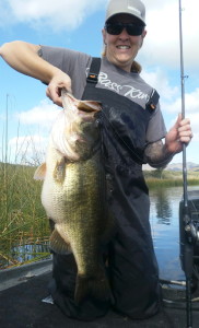 Ashley Hayden used a crawdad to land a giant 14.30-pound largemouth at Lake Otay, one of the largest fish around San Diego’s bass fisheries caught this year as of press time in mid-February. (ASHLEY HAYDEN)