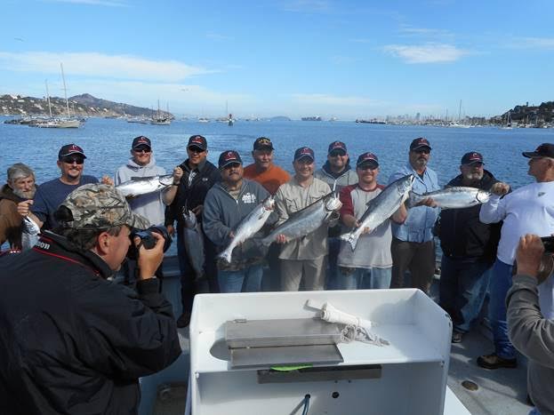 Pictured above are 12 military vets that fished with Captain Roger Thomas and crew of the Salty Lady and GGSA officials on Monday, August 29 From left to right: Terry Kid, Richard Porter, David Porter, Alfred Carrasco, Ben Santos, Dave Emory, Christian Valenti, Levi Andrews, Dustin Bergen, Shawn James, Dennis James, and Buck Anderson. (Photo courtesy of Golden Gate Salmon Association) 
