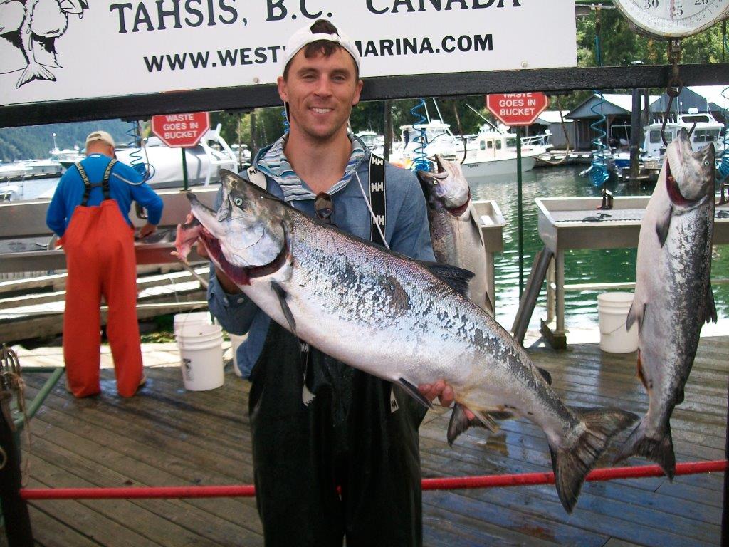 Bob Stanford with his 34-pound king caught at Ferrer Point, at the mouth of Esperanza Inlet, in the first week of July. The inlet sits on the “Salmon Highway,” along the west side of Vancouver Island, past which British Columbia-, Washington- and Oregonbound kings and coho pass. (WESTVIEW MARINA AND LODGE)